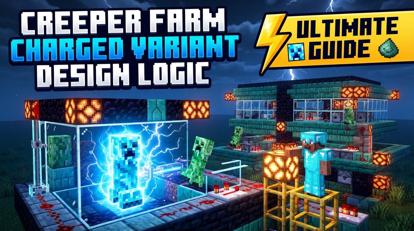 A complex Minecraft contraption with dark spawning platforms, water streams funneling green creepers, and a central obsidian chamber with a lightning rod above.