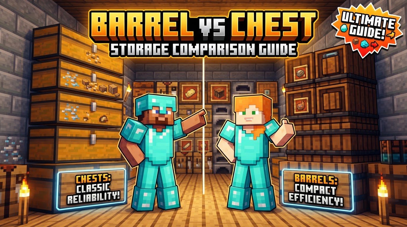 A side-by-side comparison of a wooden barrel and a wooden chest in a Minecraft storage room, showcasing their distinct appearances.