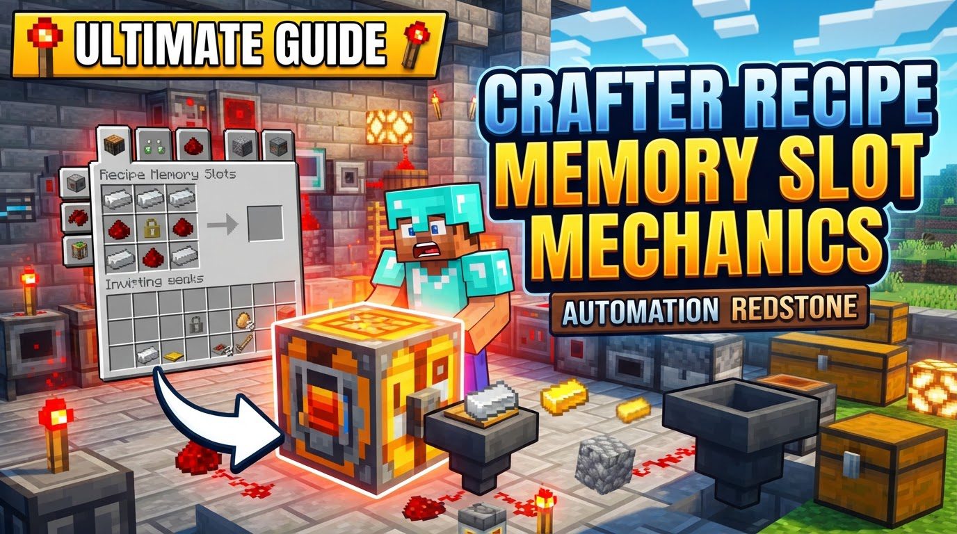 A Minecraft Crafter block with its interface open, showing some slots disabled and ingredients placed in others, surrounded by hoppers and redstone components.