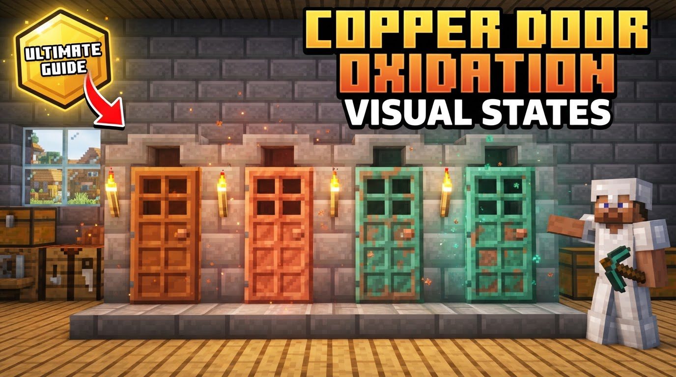 A row of Minecraft copper doors, each in a different stage of oxidation, from bright copper to fully green, standing in a sunny field.