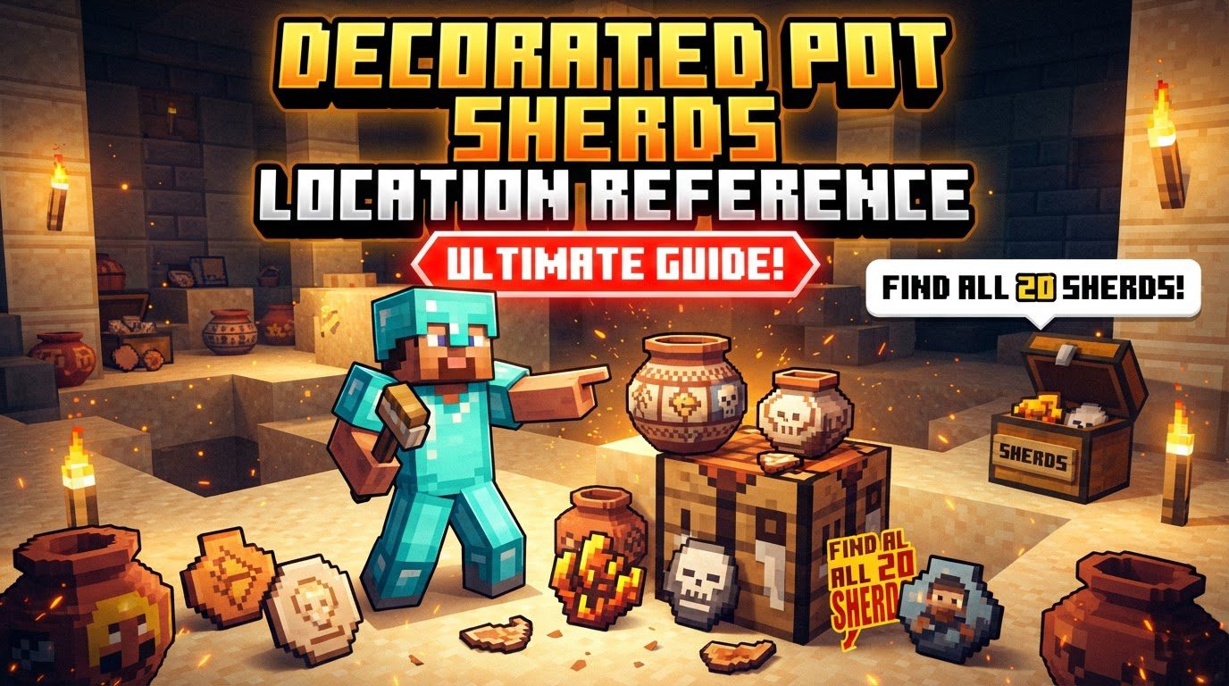 A player character brushing suspicious sand in a desert temple, with various decorated pots displayed in the background showcasing different sherd patterns.