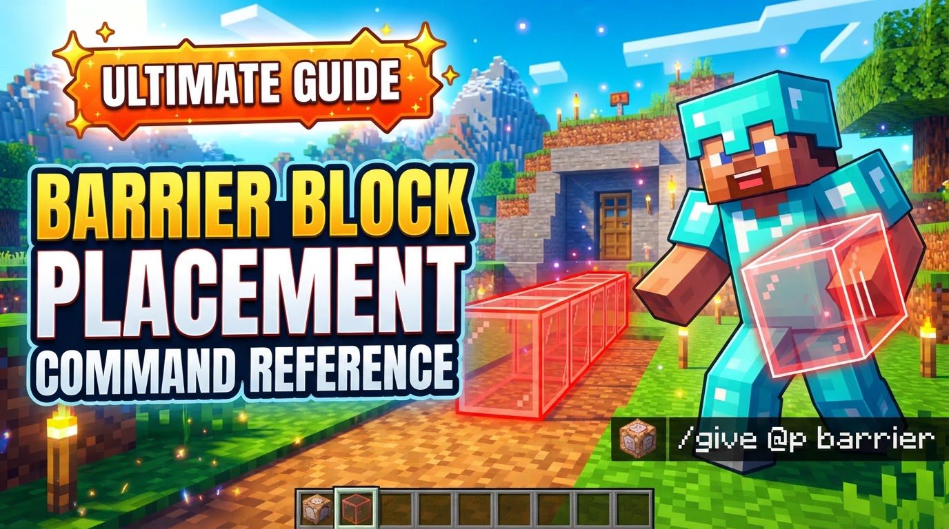A player in creative mode holding a barrier block, making several red-slashed barrier blocks visible, forming an invisible wall in front of a castle.