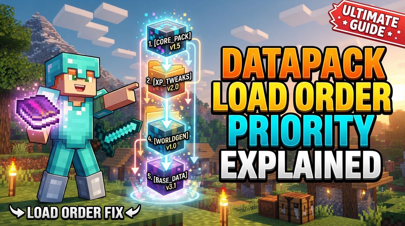A Minecraft player stands before a command block, with text listing datapacks in various colors and priorities, symbolizing the management of game modifications.