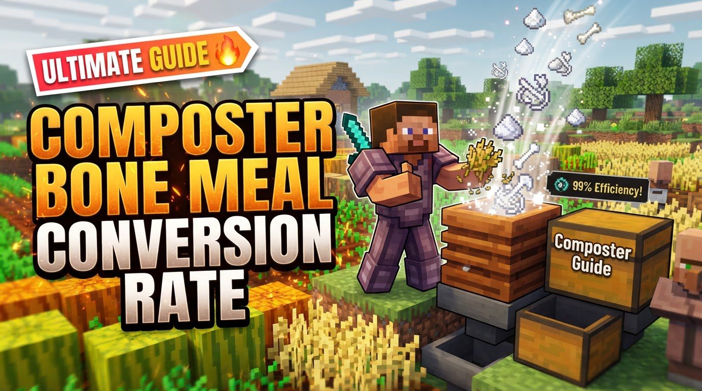A fully automated Minecraft composter setup with hoppers feeding in items from above and collecting bone meal from below, surrounded by a thriving farm.