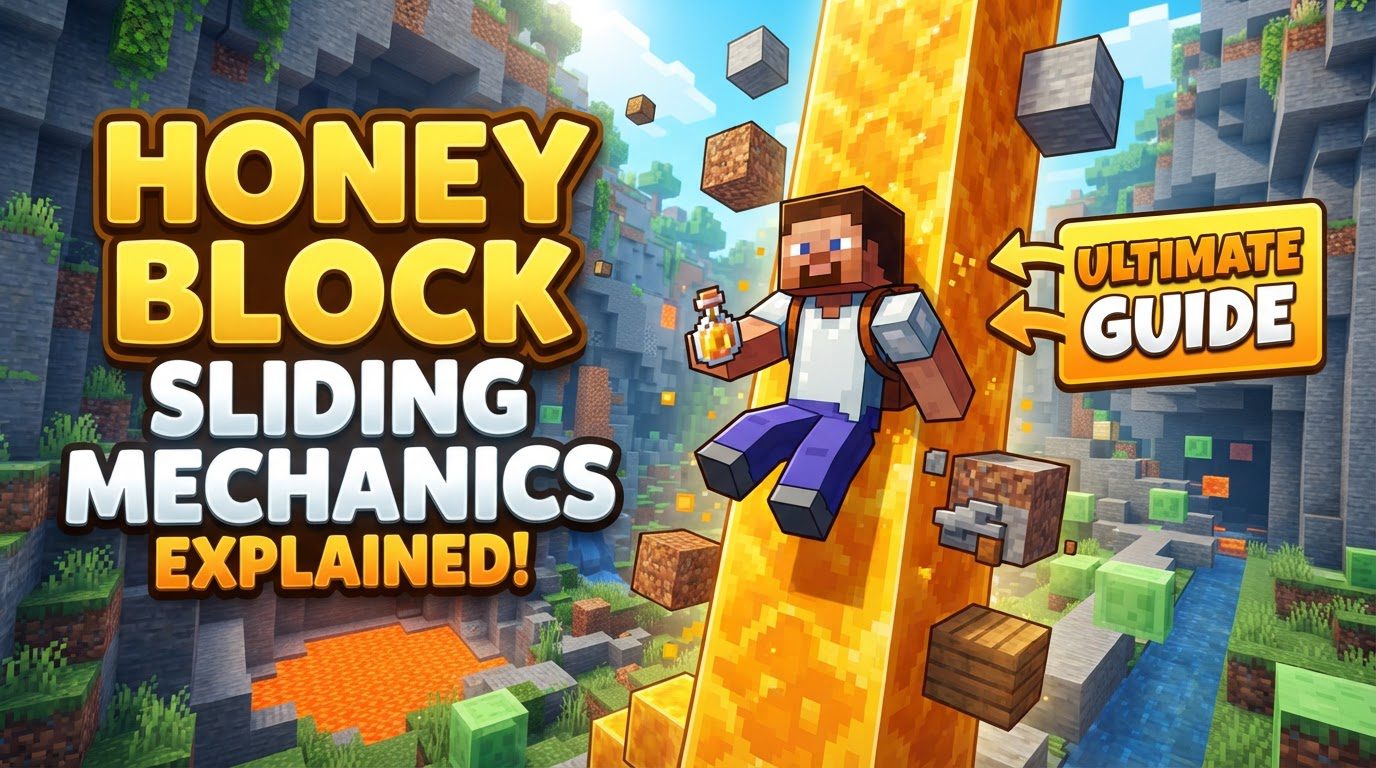 A player character slowly sliding down a tall wall made of honey blocks, with a lush green landscape below.