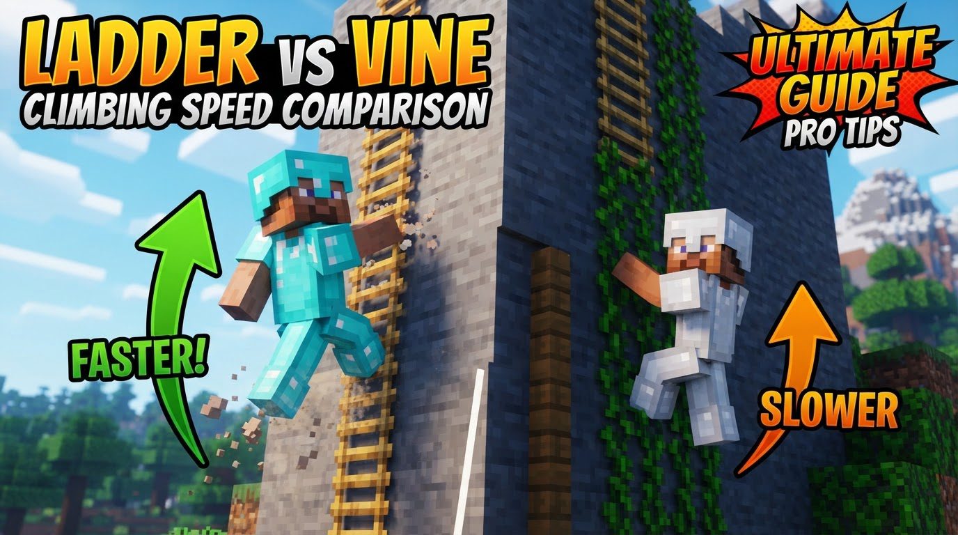 A player climbing a wooden ladder on one side of a stone wall, while another player climbs green vines on the opposite side, both ascending a similar height.