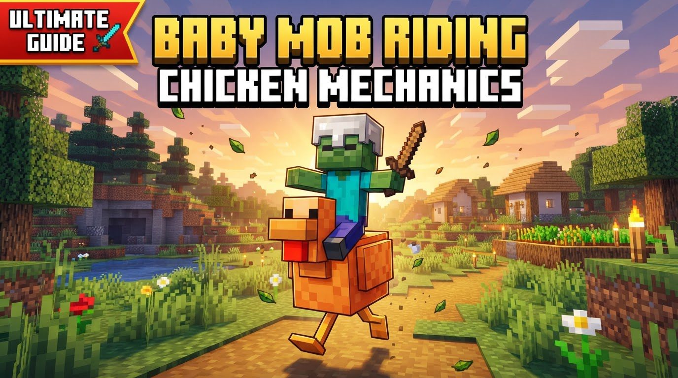 A baby zombie riding a chicken, chasing a player through a grassy field at dusk.