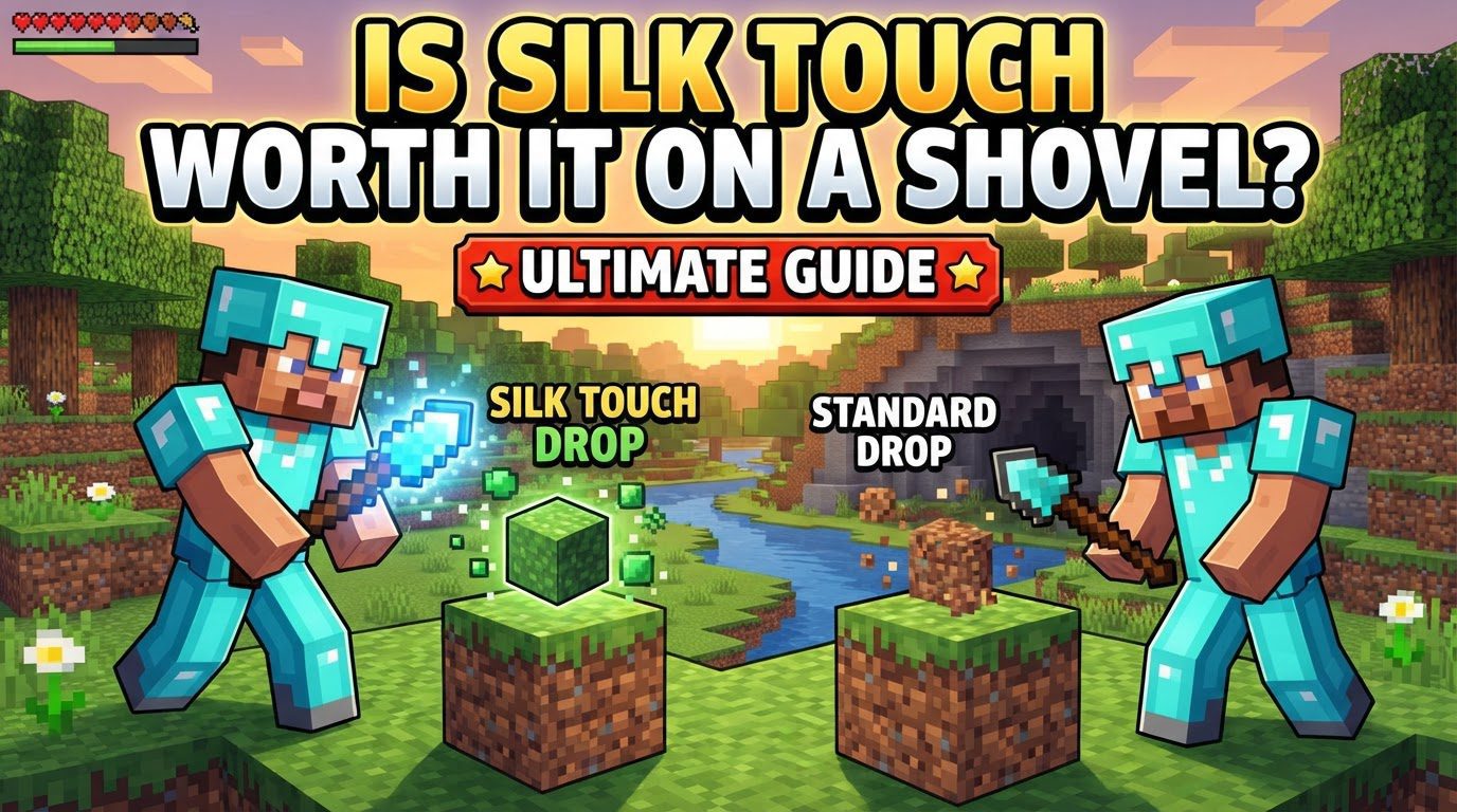 A player holding a diamond shovel enchanted with Silk Touch, standing on a checkerboard pattern of grass and mycelium blocks they have placed.