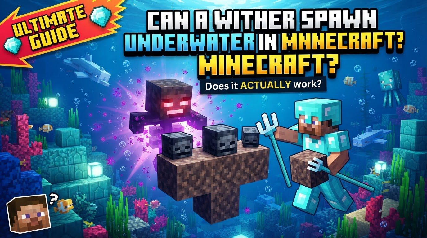 A Wither boss fighting a player underwater in a deep ocean biome, with coral reefs and fish in the background.