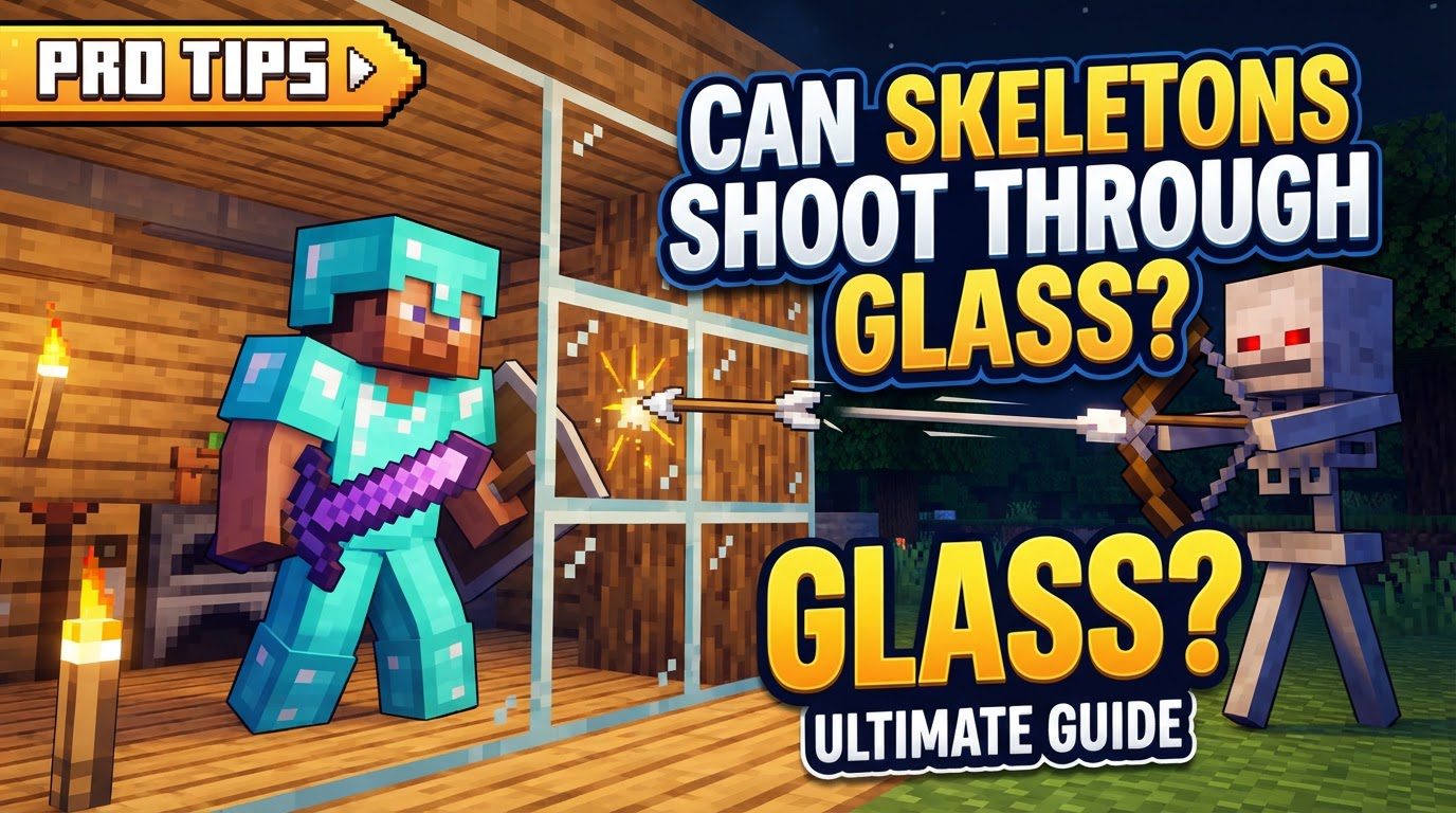 A player safely observing a skeleton outside a glass window during nighttime in Minecraft.