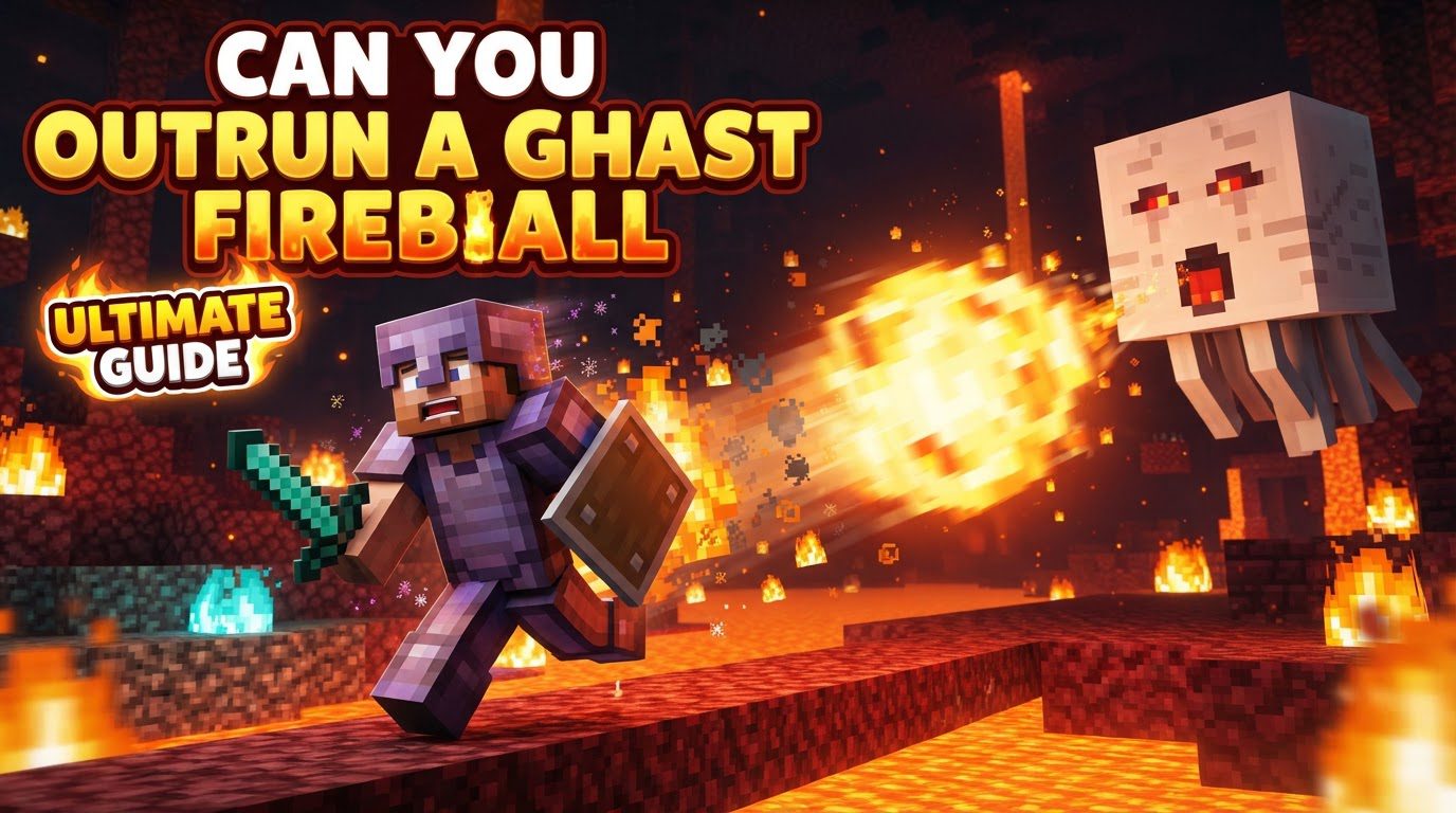 A player in the Nether, sword drawn, timing a swing to deflect a fiery Ghast projectile back towards a large, floating Ghast in the distance.