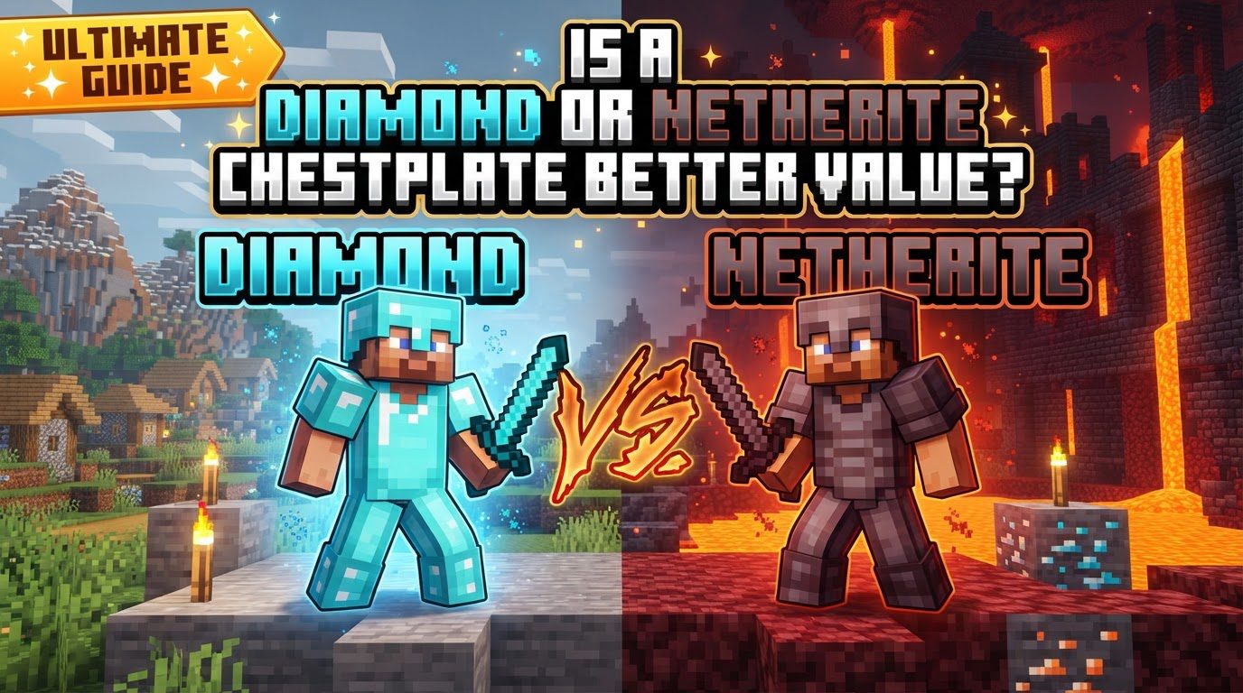 A player character wearing full Netherite armor stands in the Nether, with a Diamond Chestplate on the ground beside them, partially submerged in lava but not burning.