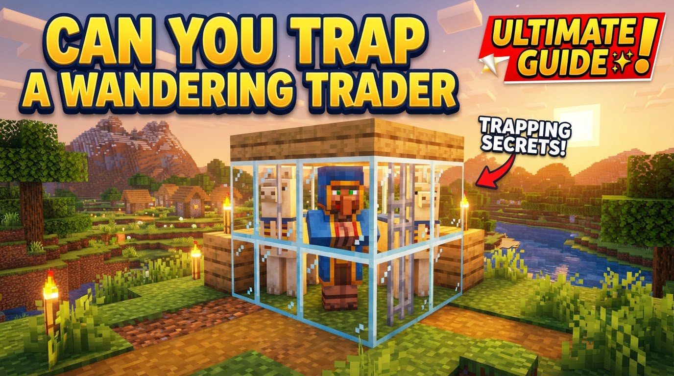 A Wandering Trader with two leashed llamas standing near a player in a lush green Minecraft world.