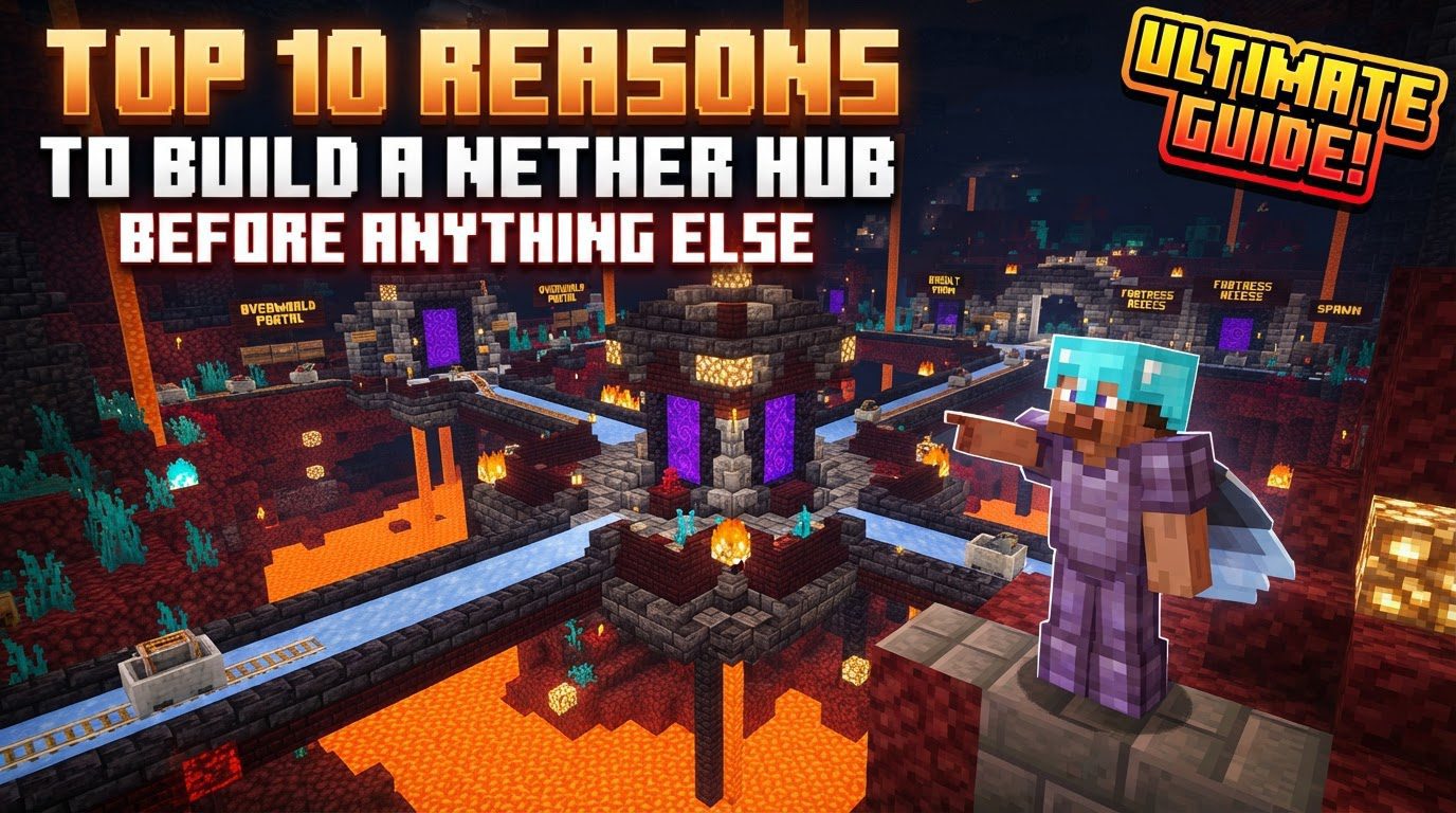 A grand, well-lit Nether Hub with multiple tunnel entrances leading off in different directions, surrounded by Nether-themed blocks.
