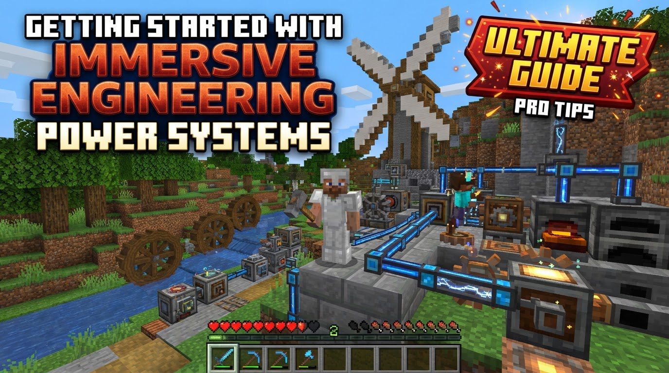 A complex, industrial Minecraft factory featuring multiple Immersive Engineering multiblocks, visible power lines strung between poles, and a large water wheel generating power.