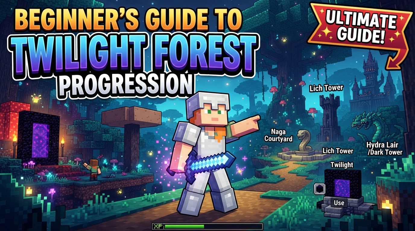A player standing near a glowing Twilight Forest portal, surrounded by dense, magical trees.