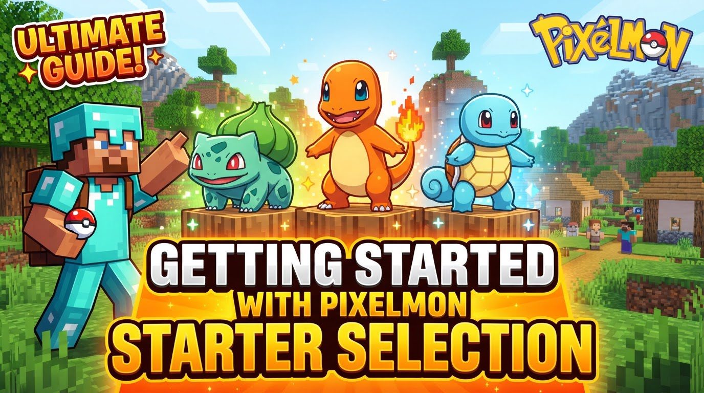 A player character standing in a Minecraft world, looking at a starter selection dialog box with three Pokémon sprites visible.