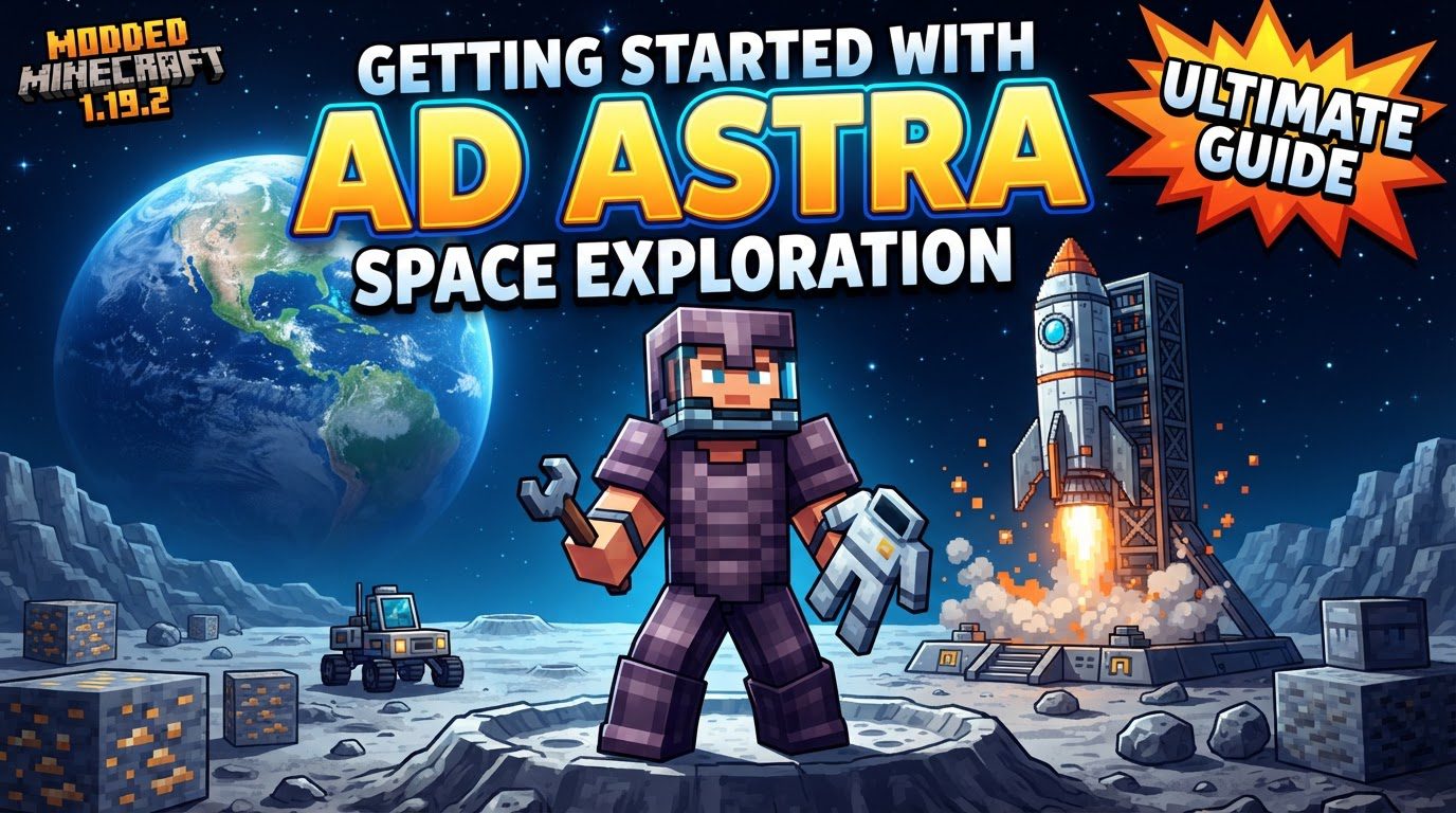 A player in a full space suit stands next to a rocket on a launch pad, looking towards a distant moon in the night sky.
