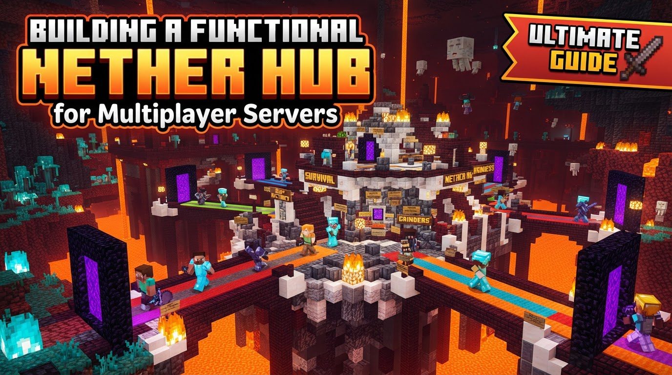 A grand, well-lit Nether hub with multiple glowing portals and ice-boat highways extending into tunnels.