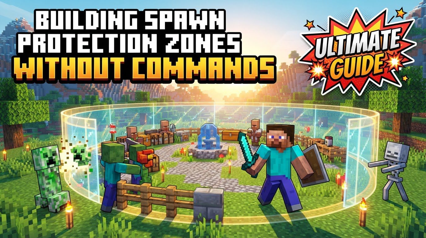 A central Minecraft spawn building surrounded by a forcefield-like glow, with regular players unable to place blocks and an operator player easily building.