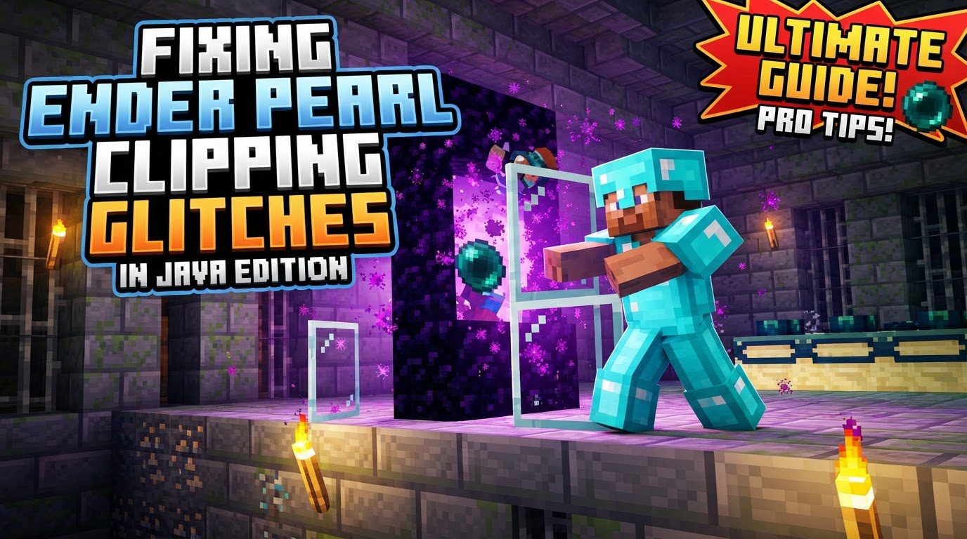 A Minecraft player character partially phased through a stone wall, with an Ender Pearl's purple particle effect still visible around them.