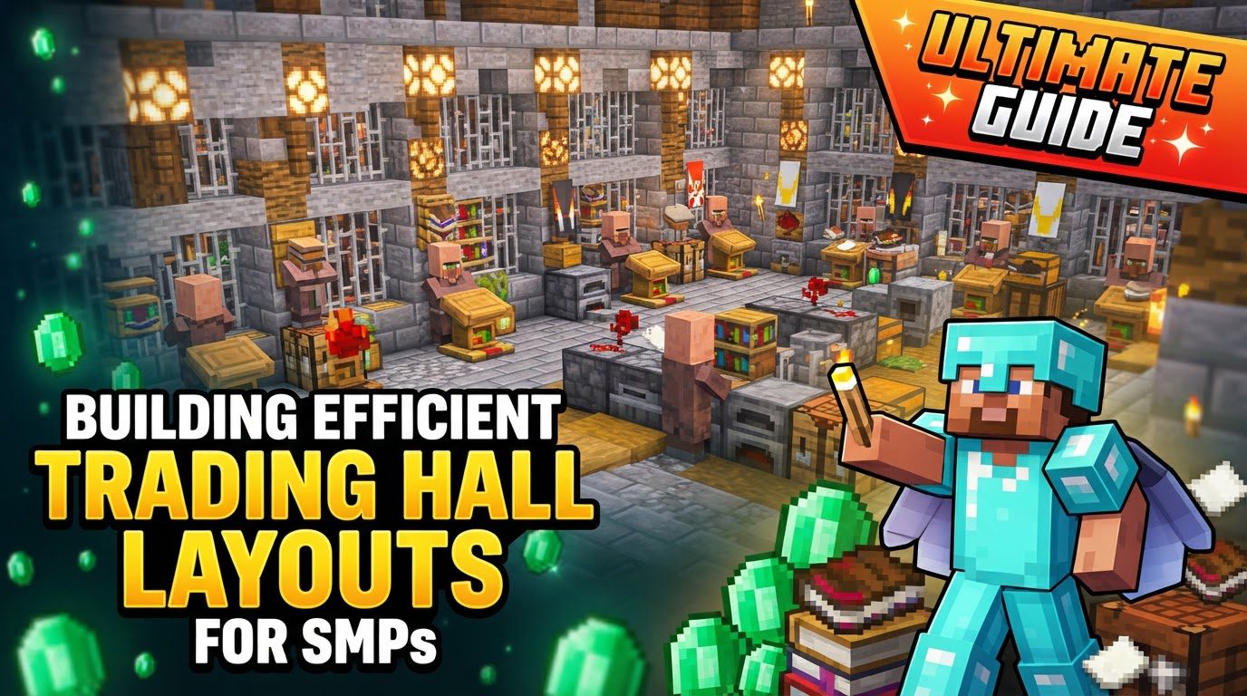 A well-lit, multi-level Minecraft trading hall with villagers in individual cells and accessible job site blocks.