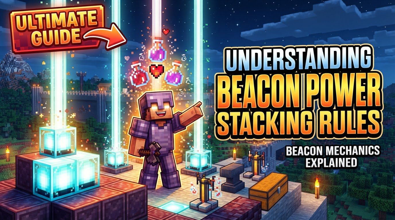 A vibrant beacon beam extending skyward from a multi-layered pyramid, surrounded by a player benefiting from its glowing effects.