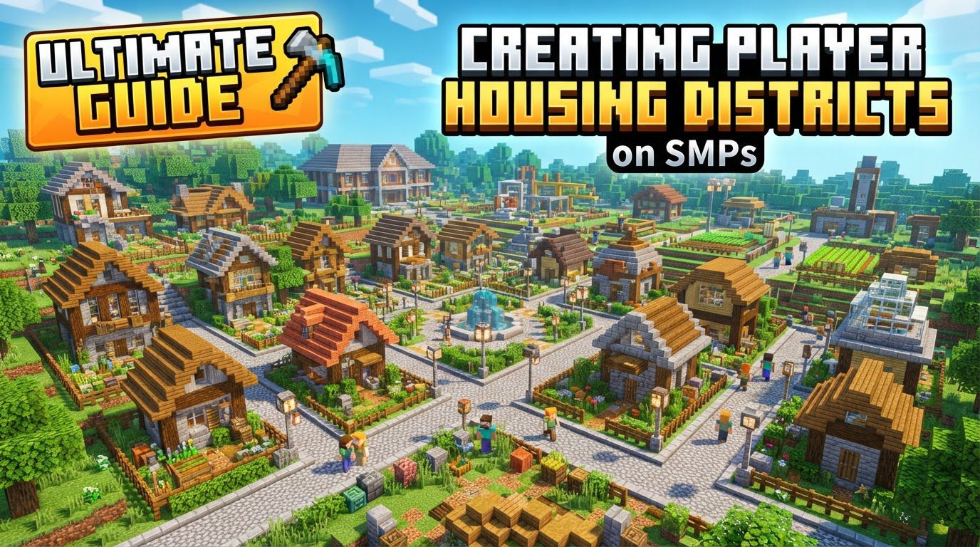 An aerial view of a meticulously organized Minecraft housing district with varied architectural styles, systematic roads, and lush landscaping, all under the protection of a land-claiming system.