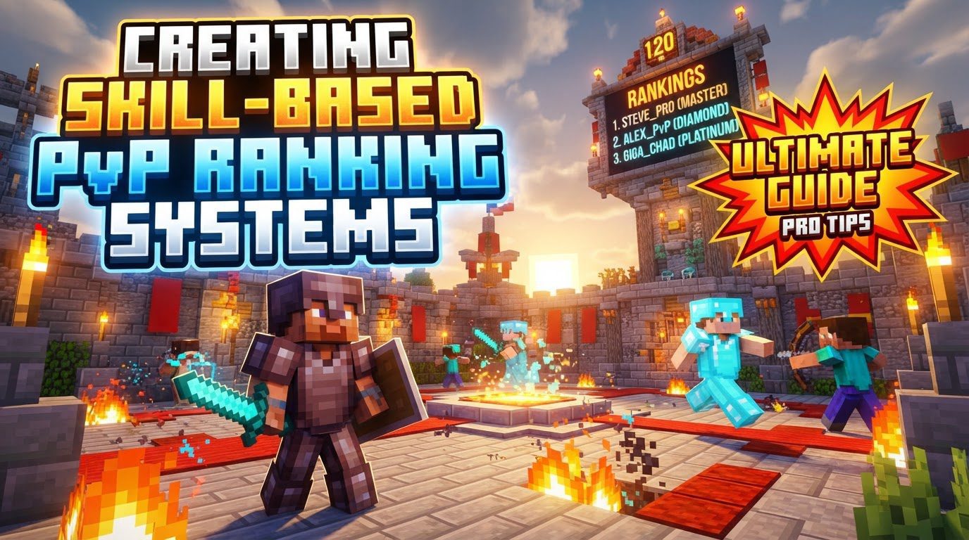A Minecraft player in diamond armor stands victorious over a defeated opponent in a PvP arena, with a scoreboard displaying their rising Elo rating.