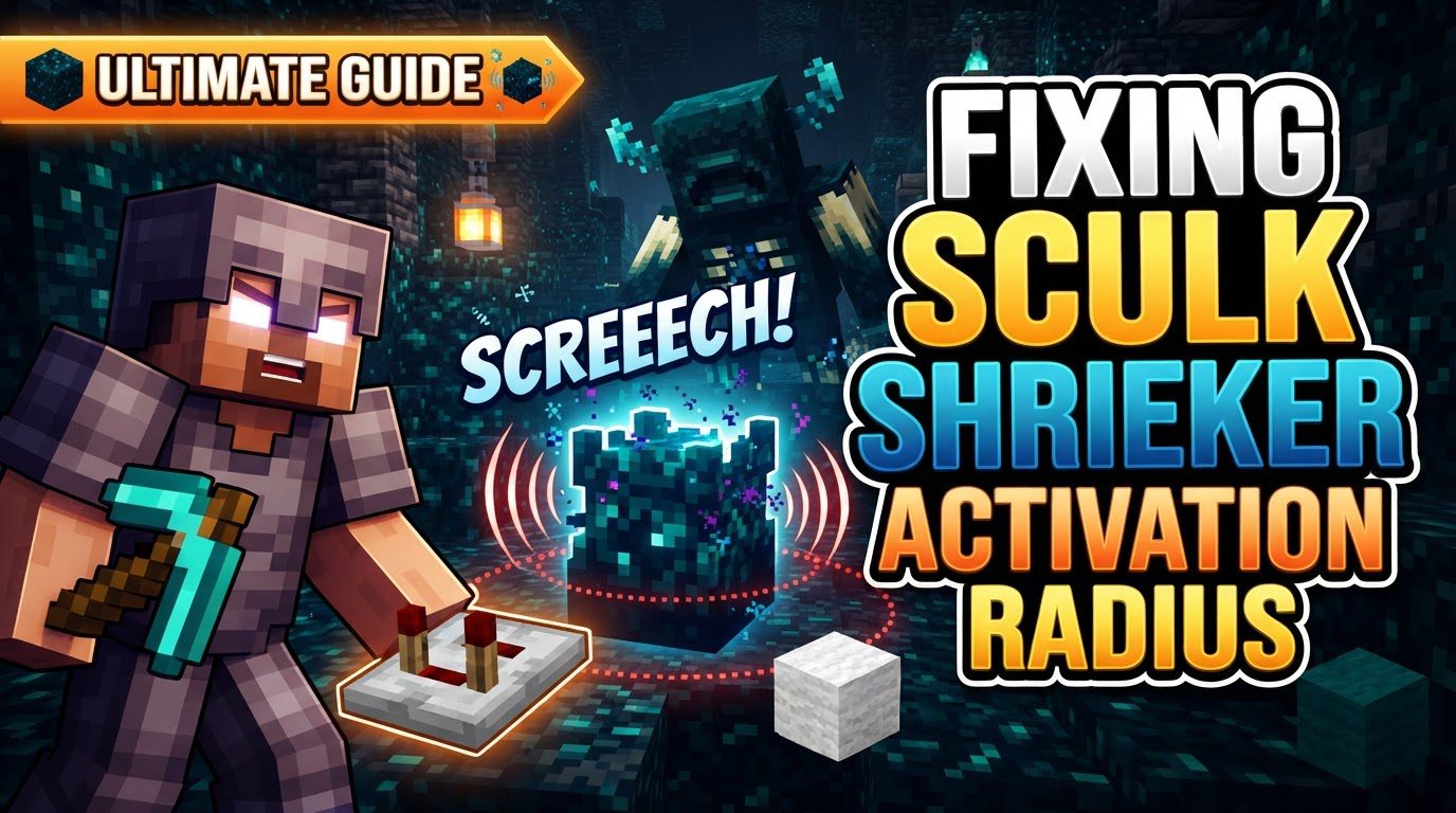A player cautiously sneaking through a dimly lit Deep Dark ancient city, carefully placing wool blocks around a glowing Sculk Shrieker.