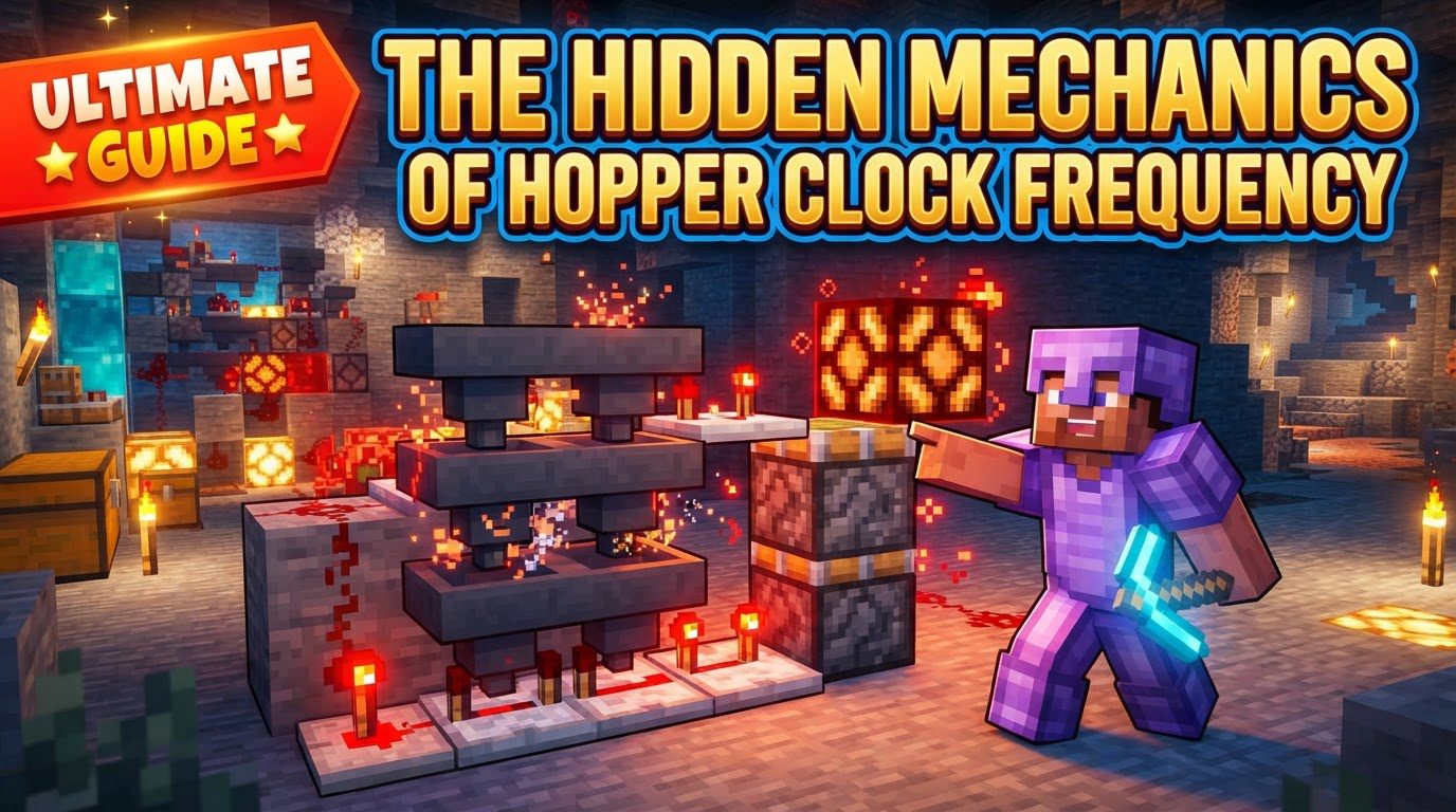 A functional Etho hopper clock with two hoppers, two sticky pistons, a Redstone block, and comparators, surrounded by Redstone dust and support blocks.
