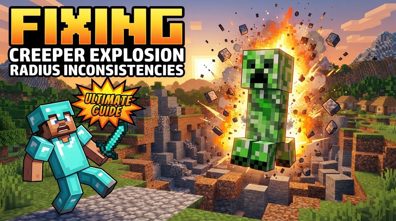 A player stands in a lush green Minecraft field, observing a creeper that is about to explode, with a command block in the background.