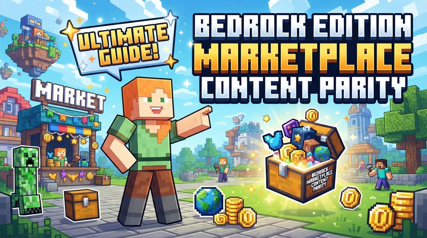 A diverse group of Minecraft players on different devices (mobile, console, PC) simultaneously enjoying a custom world from the Bedrock Marketplace, showcasing seamless cross-platform play.