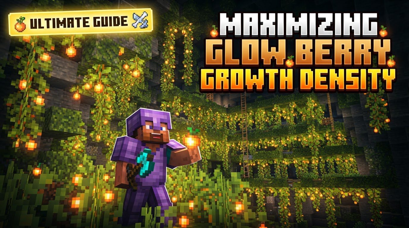 A multi-layered automated Minecraft farm with cave vines hanging from ceilings, glowing with berries, and redstone components visible.