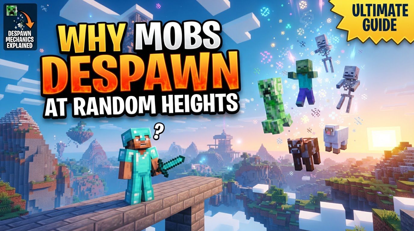 A player standing on a tall tower, looking down at various hostile mobs scattered across different ground levels and a few flying in the distance, illustrating varying 3D distances.