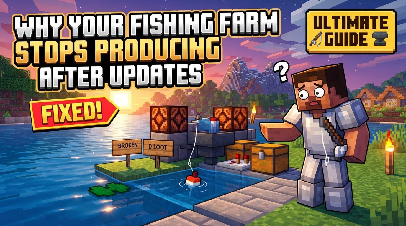 A broken-down Minecraft AFK fishing farm with a lone player looking at it in frustration.