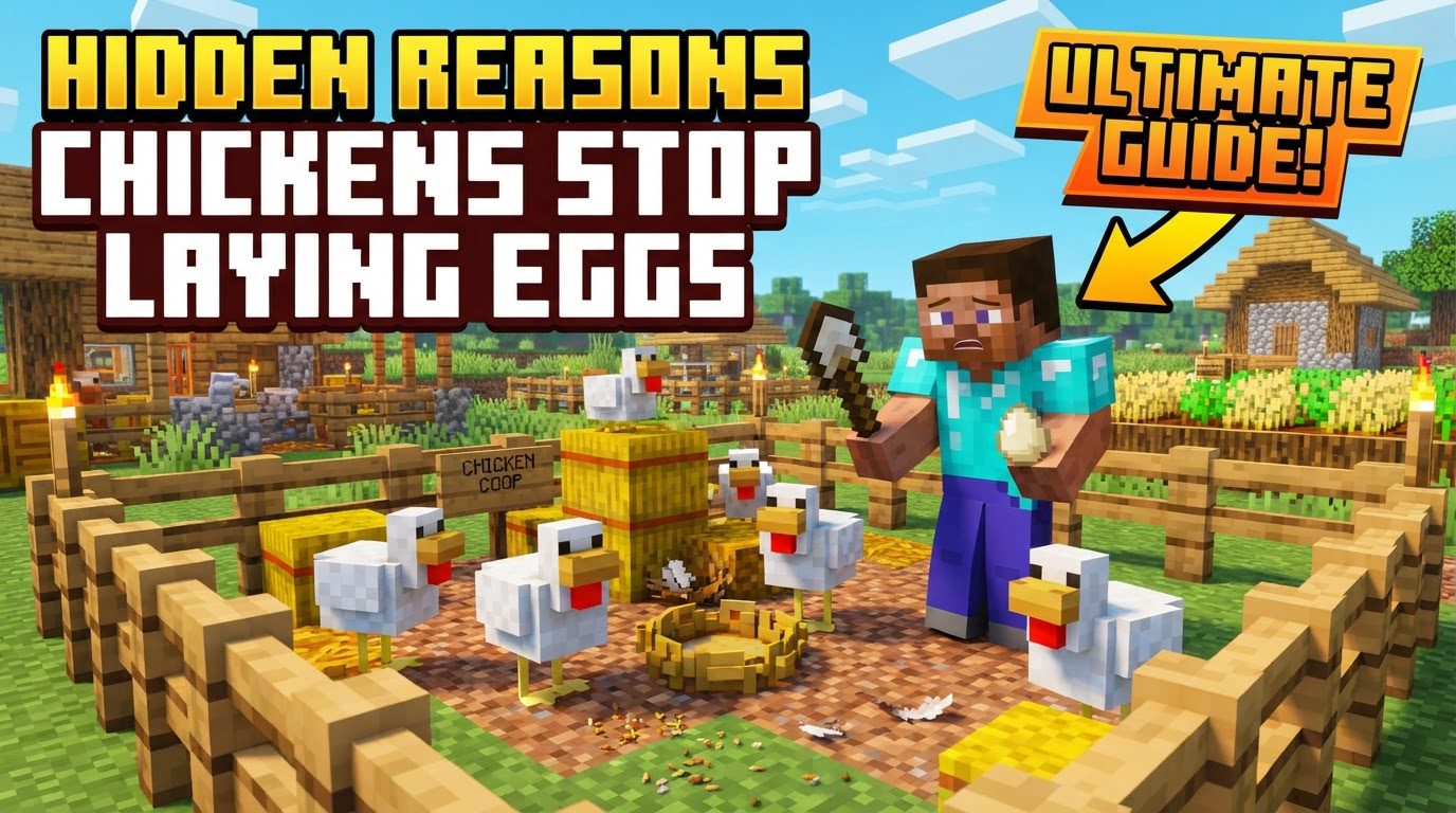 A group of Minecraft chickens gathered in a small pen with several eggs scattered on the ground.