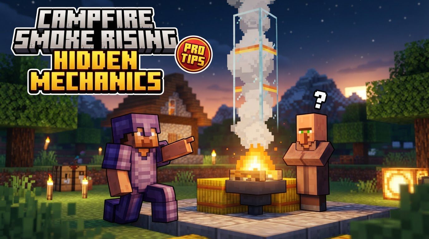 A tall pillar of smoke rising from a campfire placed on a hay bale, visible against a sunset in a Minecraft world.
