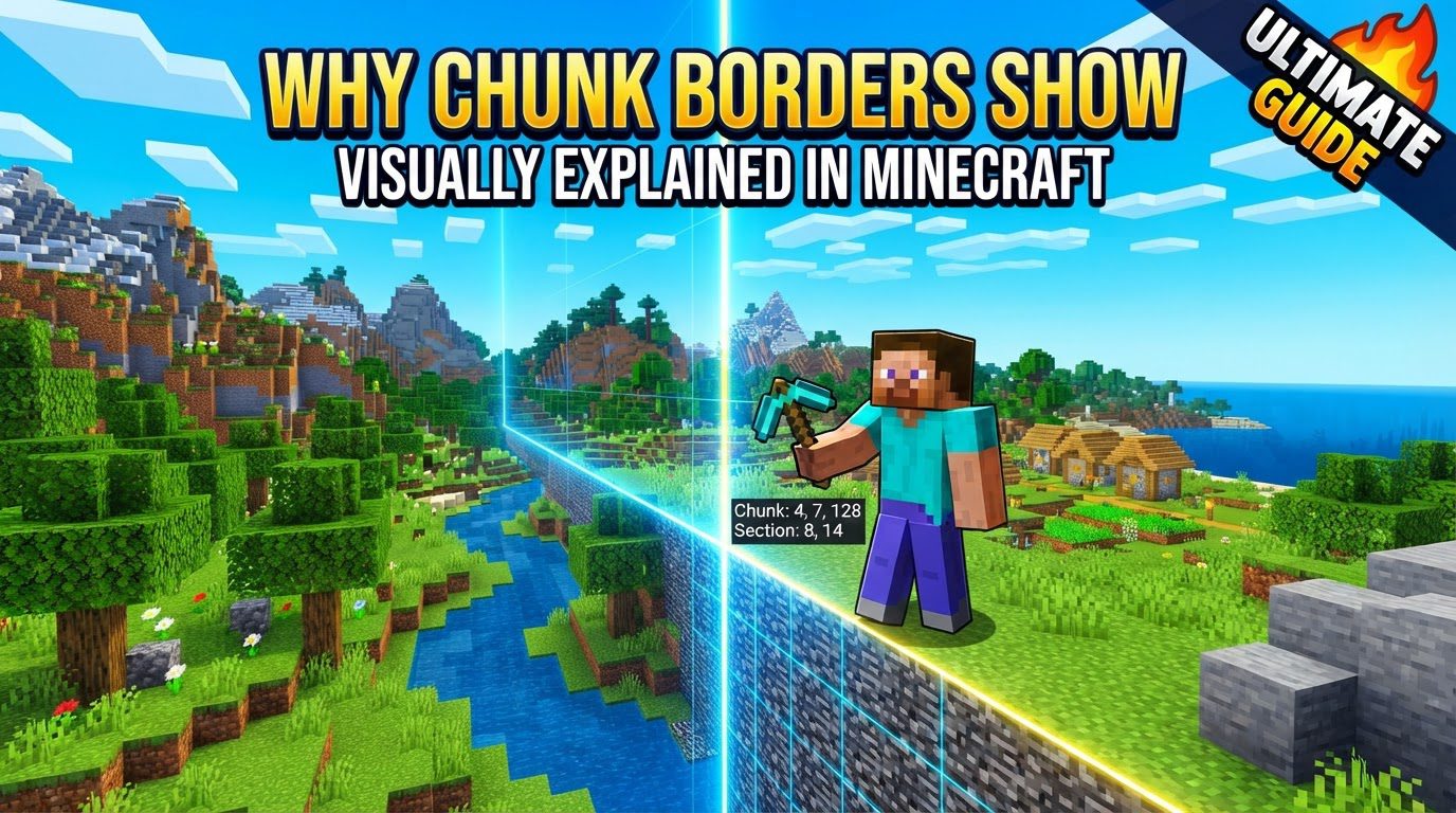 A Minecraft player stands in a plains biome, looking at a grid of yellow lines overlaying the landscape, indicating chunk borders.