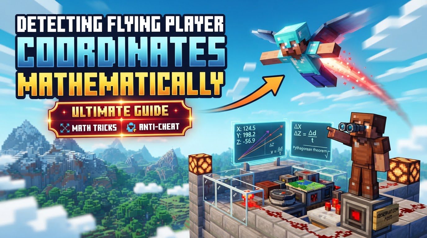 A player character soaring through the Minecraft sky, with transparent overlay showing NBT tags and coordinate axes.