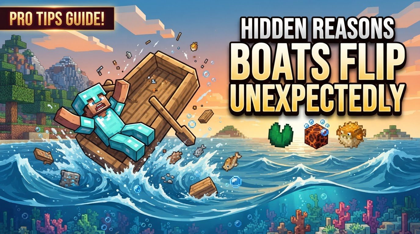 A wooden Minecraft boat sinking into a bubble column with a player being ejected into the water.