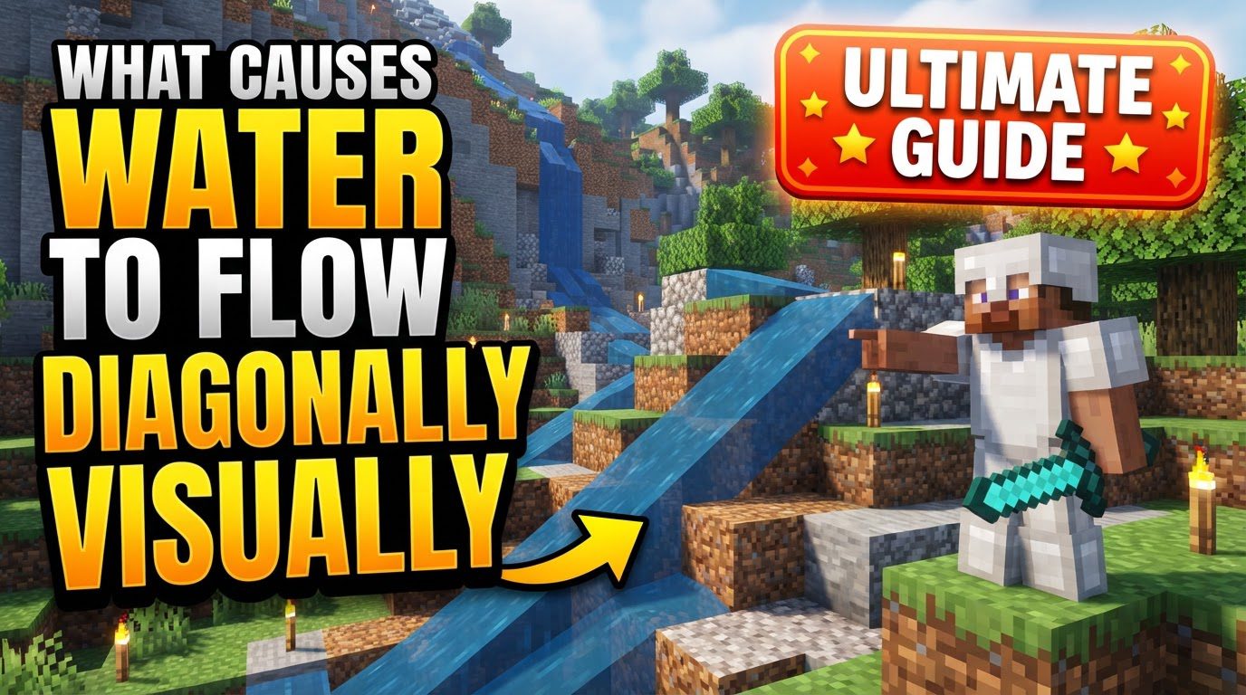 A flowing river of Minecraft water making a diagonal turn around a corner, guided by strategically placed stair blocks.