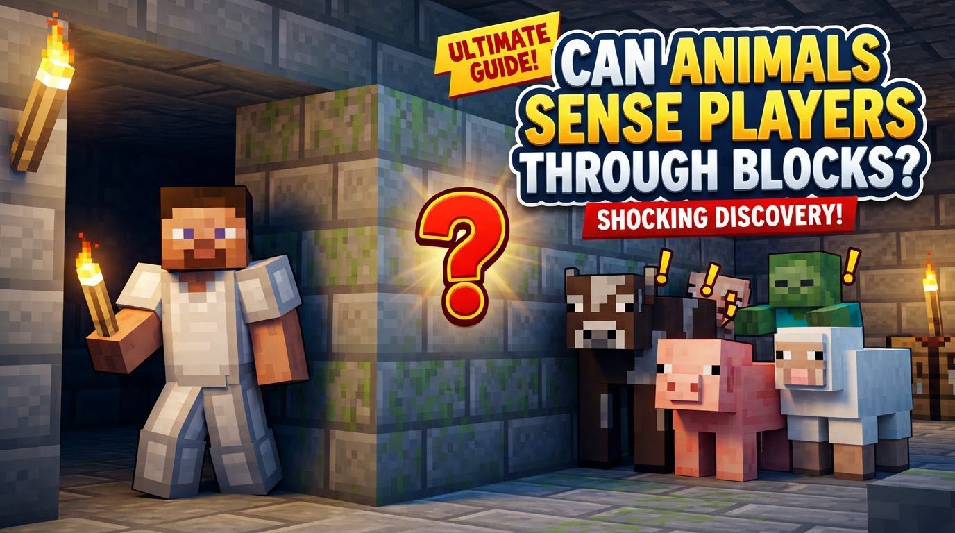 A player peeking around a stone corner, observing a zombie and a pig unaware of their presence.