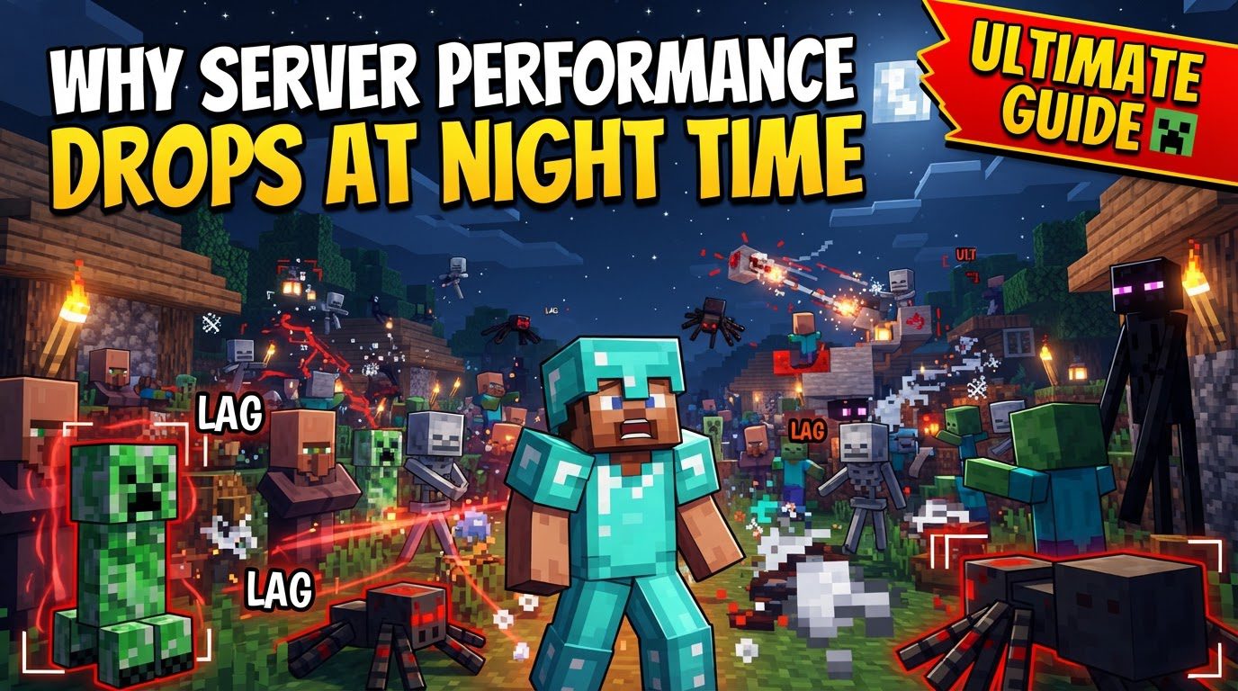 A Minecraft server console displaying low TPS numbers with a horde of hostile mobs visible in the background under a dark night sky.