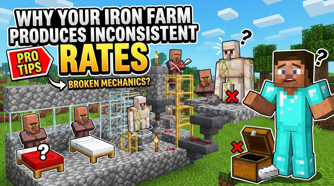 An iron golem spawning on a platform above a lava collection system, with villagers in a chamber above.