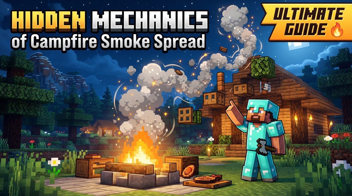 A tall column of smoke rising from a campfire placed on a hay bale in a Minecraft landscape at sunset.