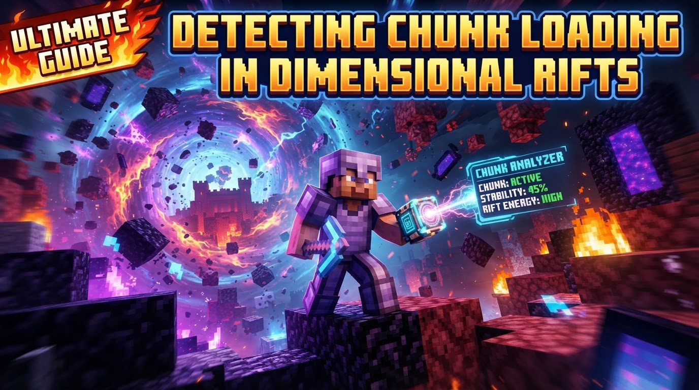 A swirling purple-black rift tearing open the sky above a blocky Minecraft landscape, with a player wearing glowing goggles observing it.