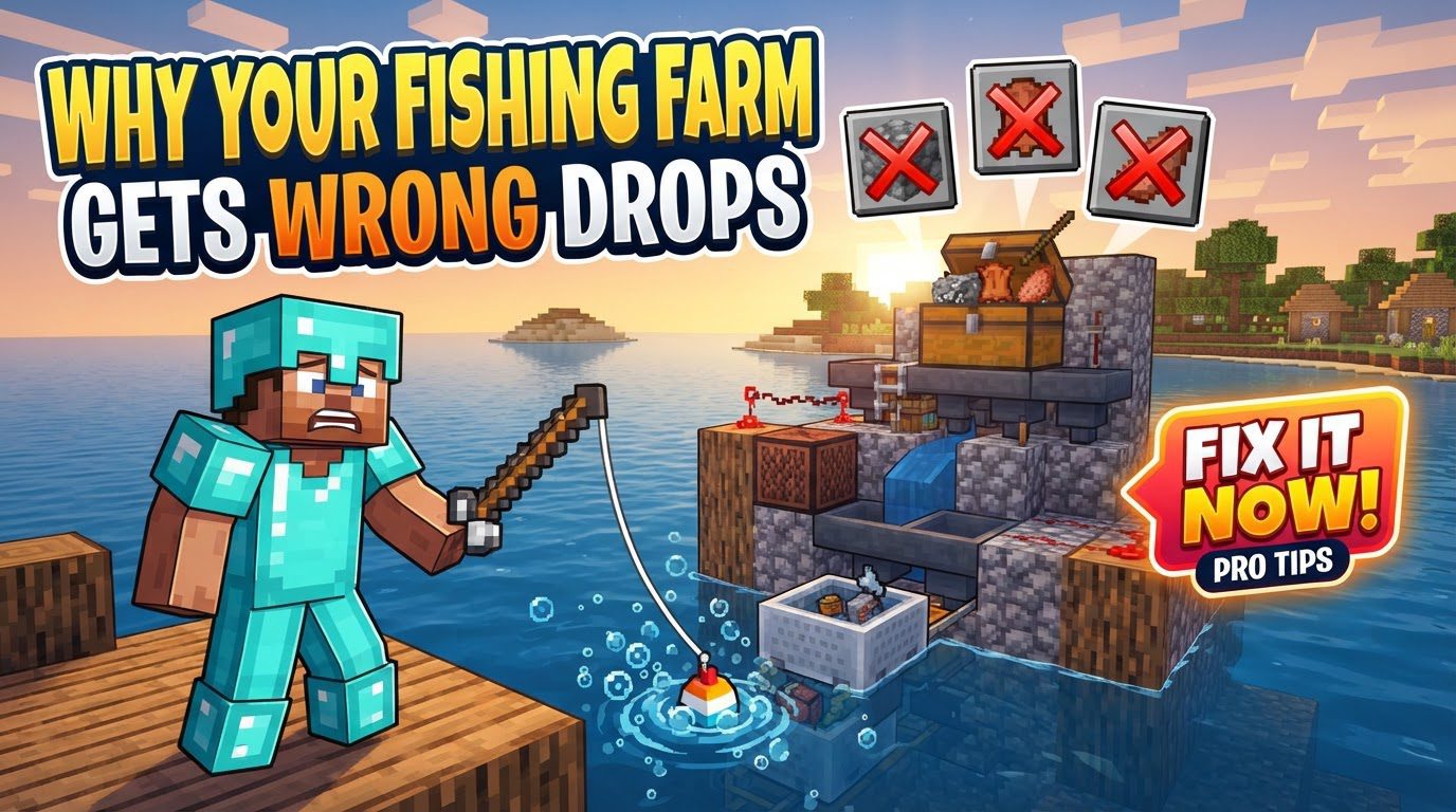 A Minecraft player fishing in a large, well-lit water pool, with hoppers visible below the water's surface, leading to chests.
