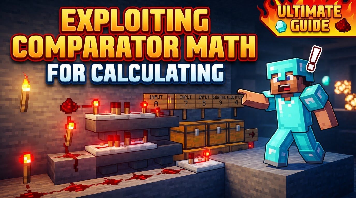 A complex redstone circuit featuring multiple comparators, redstone dust, repeaters, and chests, demonstrating a calculation in progress.