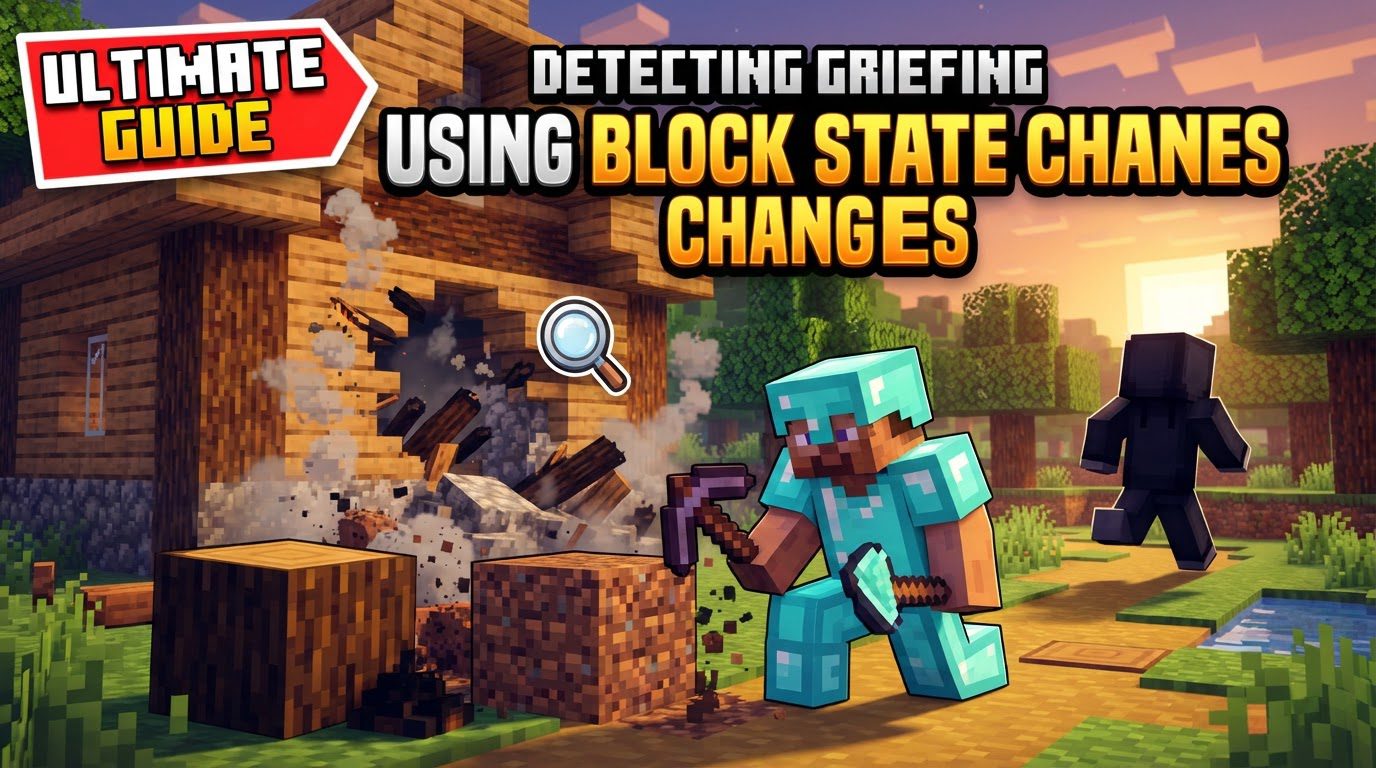 A Minecraft administrator holding a special inspection tool, viewing a holographic display of block history over a destroyed building.